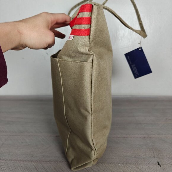 Vintage Large SuperSac Shopper Tote Bag With Stripes Khaki & Red Canvas NEW - Picture 4 of 9
